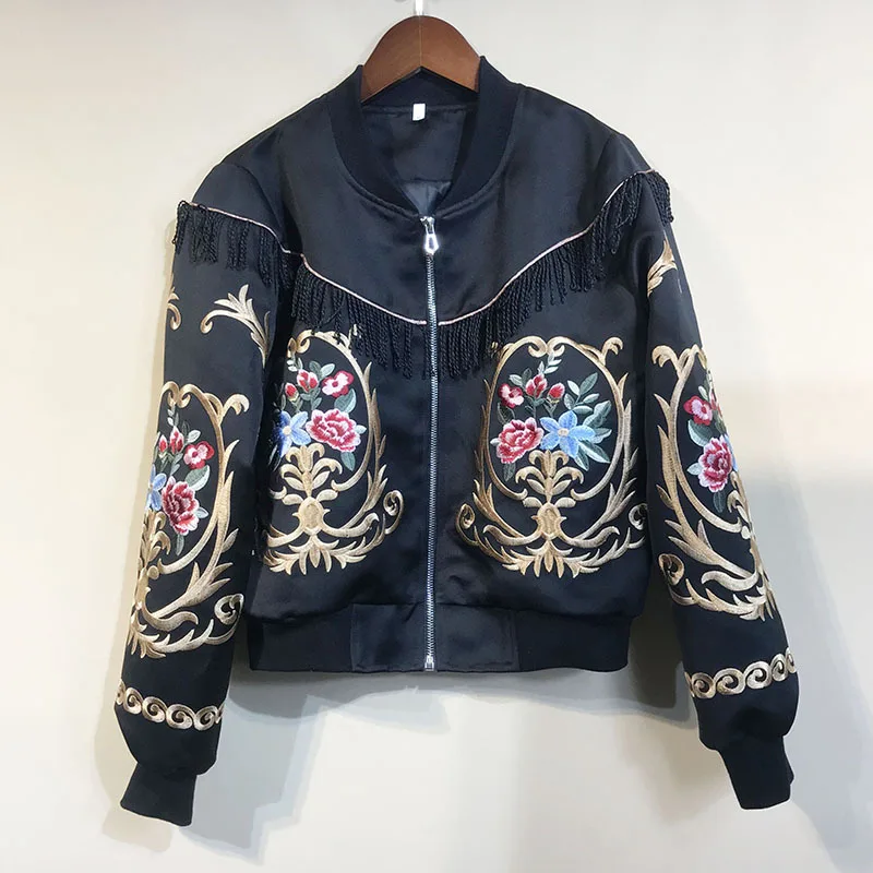 

2019Fall/winter women's Brand new high quality floral embroidery jackets Chic women tassels baseball jackets Coat A950