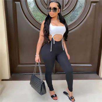 

Women's Color Block Jumpsuit Cut Out Sleeveless Tie Waist Bodycon Romper Long Pants One Piece Jumpsuit