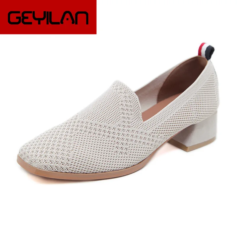 

Square Toe Med-High Heels Shoes Woman Breathable Mesh Pumps Knitted Thick High Heels Creepers Lady Loafers Women Single Shoes