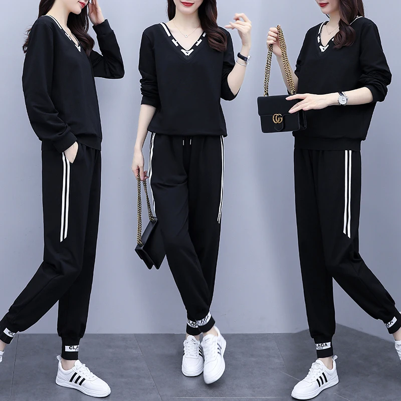 Exercise Set Women 2021 New Spring And Autumn Female Sportswear V-neck Teenager Girl Sweatshirt Pant Black White Hot Sale 034