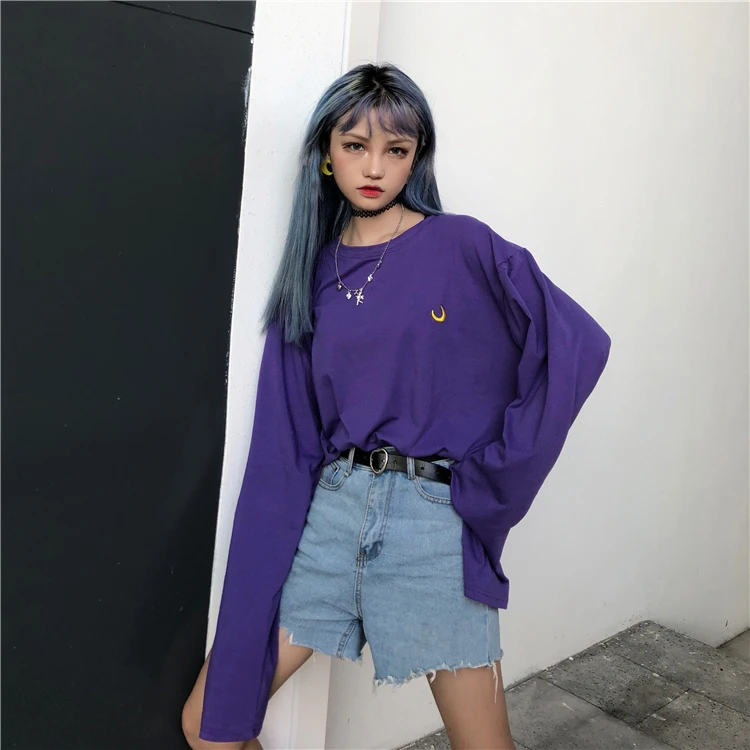 Свободные Осенние футболки с круглым вырезом и вышивкой в виде Луны Harajuku для девочек, фиолетовые топы с длинными рукавами, футболки, женские футболки