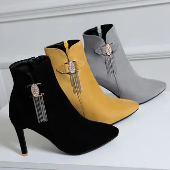 

Autumn women shoes fashion casual Nubuck high heel boots tassel metal buckle decoration elegant women's boots ladies ankle boots