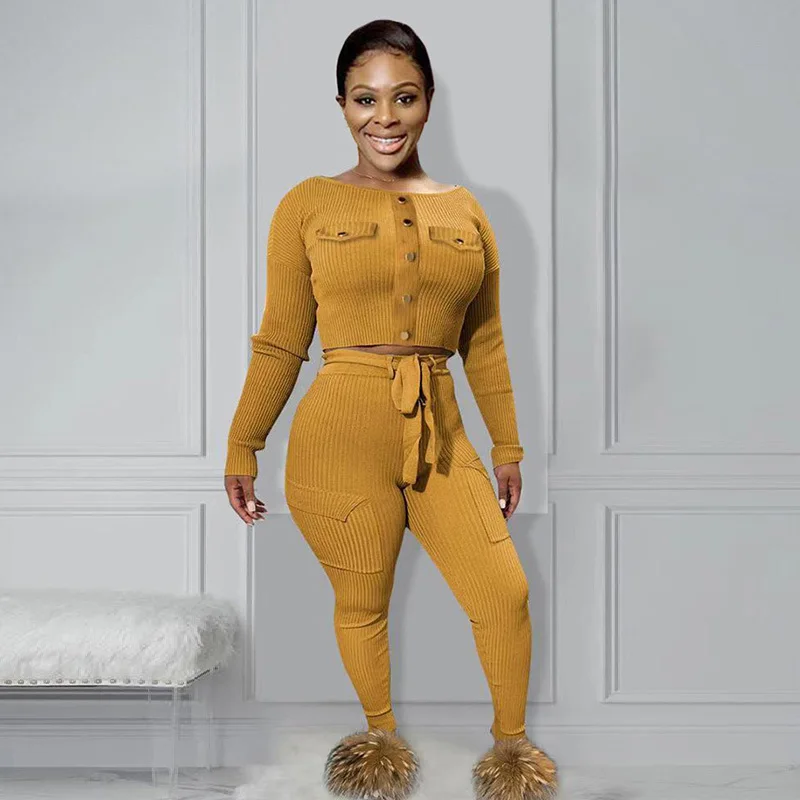 

2020 Fall Winter New Two Pieces Set Women Knitted Ribbed Casual Long Sleeves Sweatshirt Crop Top And Leggings Pants Set