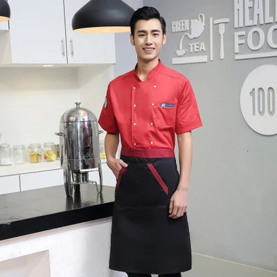 Новое поступление Еда Услуги Для мужчин рабочая одежда шеф-повара форма с короткими рукавами Отель Ресторан повара Костюмы кухонная униформа - Цвет: red