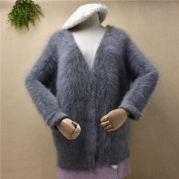 

knitwear inside female women winter thick warm mink cashmere long sleeves v-neck loose sweater cardigans angora fur jacket coat
