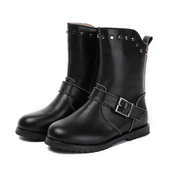 

Kalupao black mid calf winter boots girls velvet lining genuine leather boots girl pink riding fur rubber snow boots kids girls