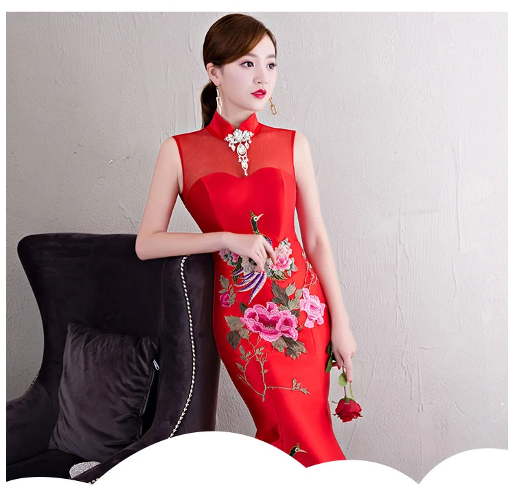 Красное вечернее платье русалки в китайском стиле с вышивкой Cheongsam Модное Длинное традиционное платье Ципао Vestido Восточное вечернее платье по индивидуальному заказу