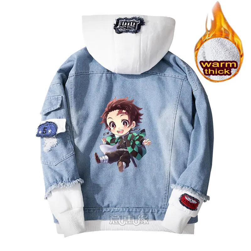 Толстовка с капюшоном для косплея «Demon Slayer Kimetsu no Yaiba» Kamado Tanjirou, джинсовая куртка для мужчин, зимняя женская Повседневная теплая джинсовая Толстовка