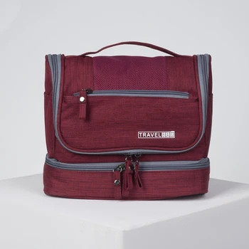 

Cosmetic bag, 2 sections with zippers, with a handle, hook, burgundy