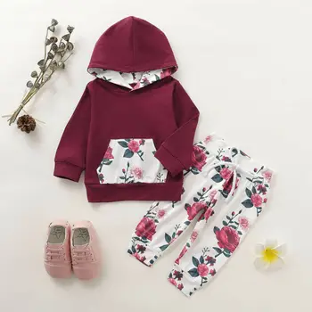 

Cute Newborn Baby Girl Rose Printing Hooded Tops Long Pants 2pcs Outfits Set