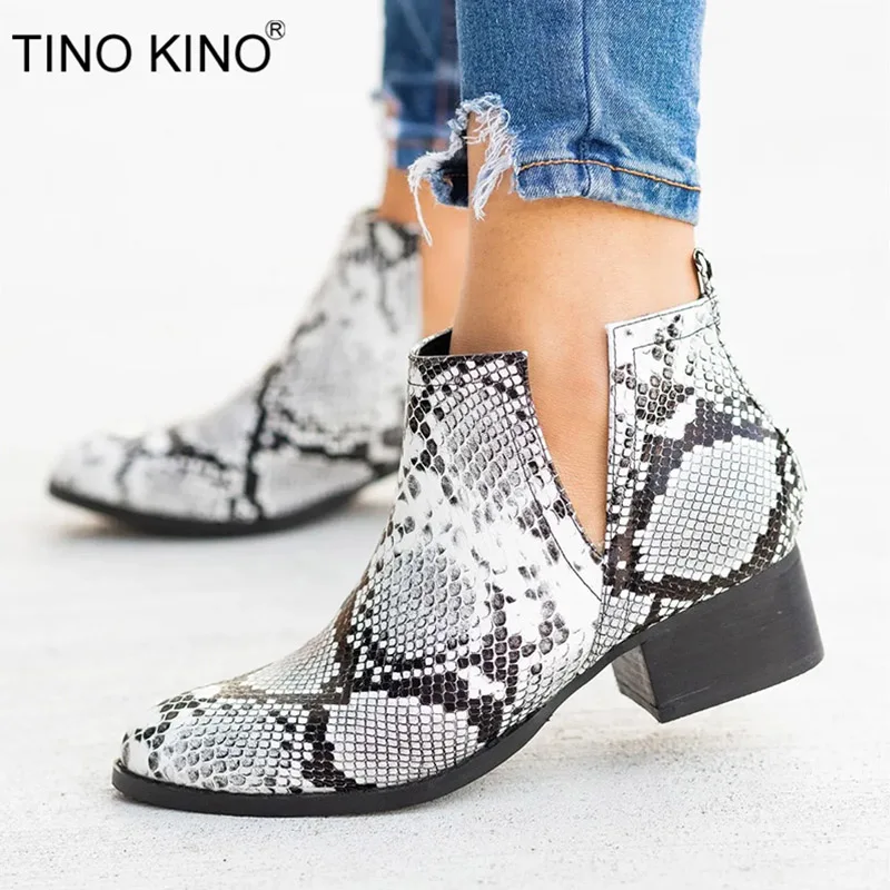 

TINO KINO Autumn Snake Leopard Women Slip On Ankle Boots Ladies PU Middle Thick Heels Female Fashion Casual Plus Size Shoes