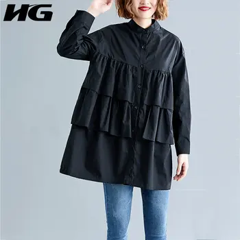 

HG Cascading Ruffle Elegant Blouse Women Literary Plus Size Shirt White Fashion Top Women Black Womens Tops and Blouses XJ1876