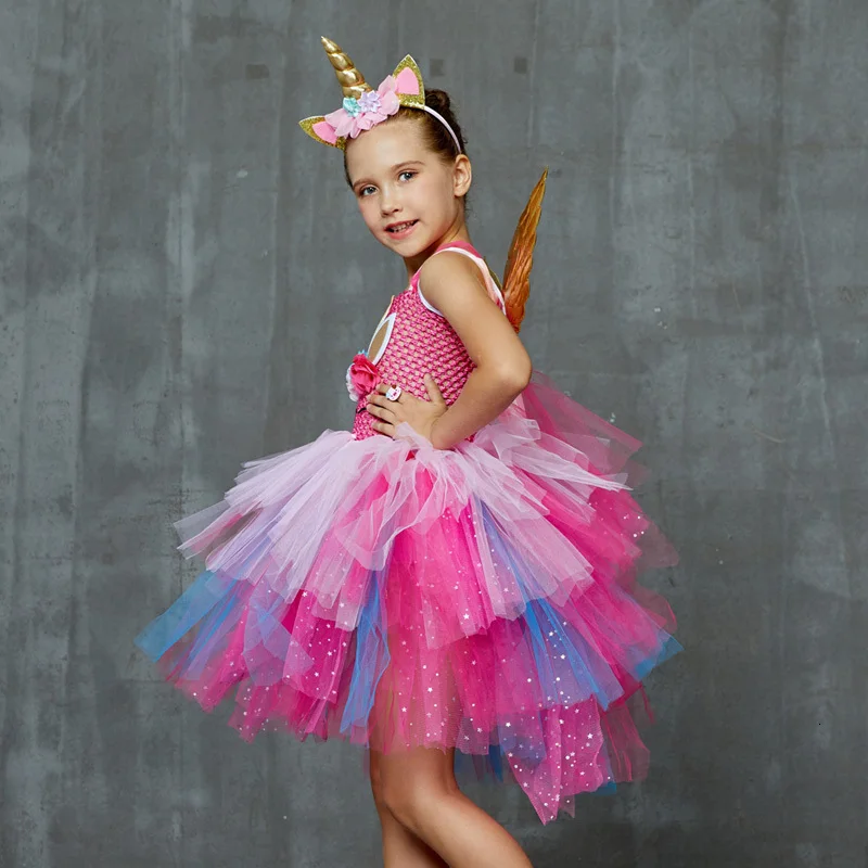 Glittery Unicorn Princess Pageant Flower Girl Tutu Dress Kids Party Costume with Headband and Wings Halloween Cosplay Girl Dresses (3)