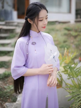 

2020 national floral print cheongsam chinese dress for women skirt embroidery tangsuit qipao linen half sleeve dresses elegant