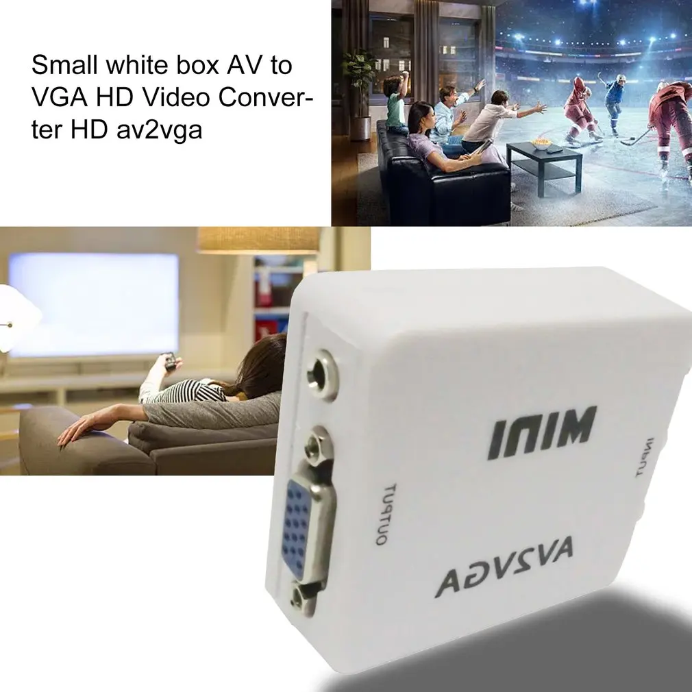 Piccola Scatola Bianca AV a VGA HD Video Converter HD AV2VGA Video Converter Box con 3.5mm Audio pe