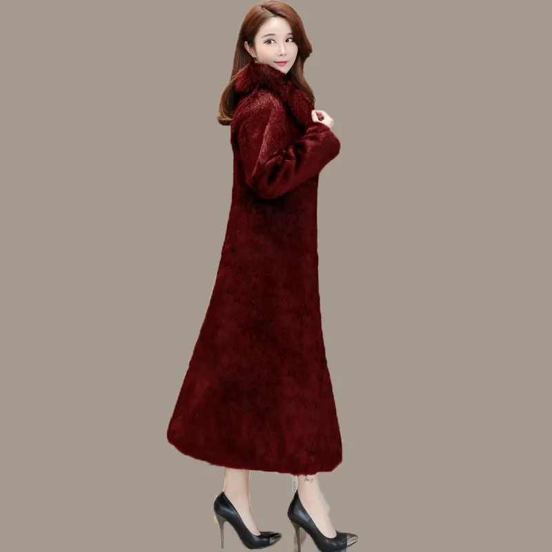 

2020 New Women Real Rabbit Fur Long Coat Fox Fur Collar Slim Fit Plus Size 6XL Overcoat Thick Warm Long Outerwear Real Fur Coat