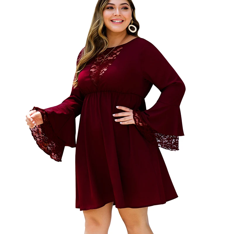 

Plus Size Loose Dress Women Casual Flare Sleeve Dress Autumn Knee-Length Dress Fashion Lace Party Dress Elegant Ropa Mujer D30
