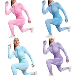 Women Gym Set Feamle 2PCS  Zipper Crop Top Leggings Sport Suit Workout Outfit Sport Wear Clothes Seamless Suit for Fitness