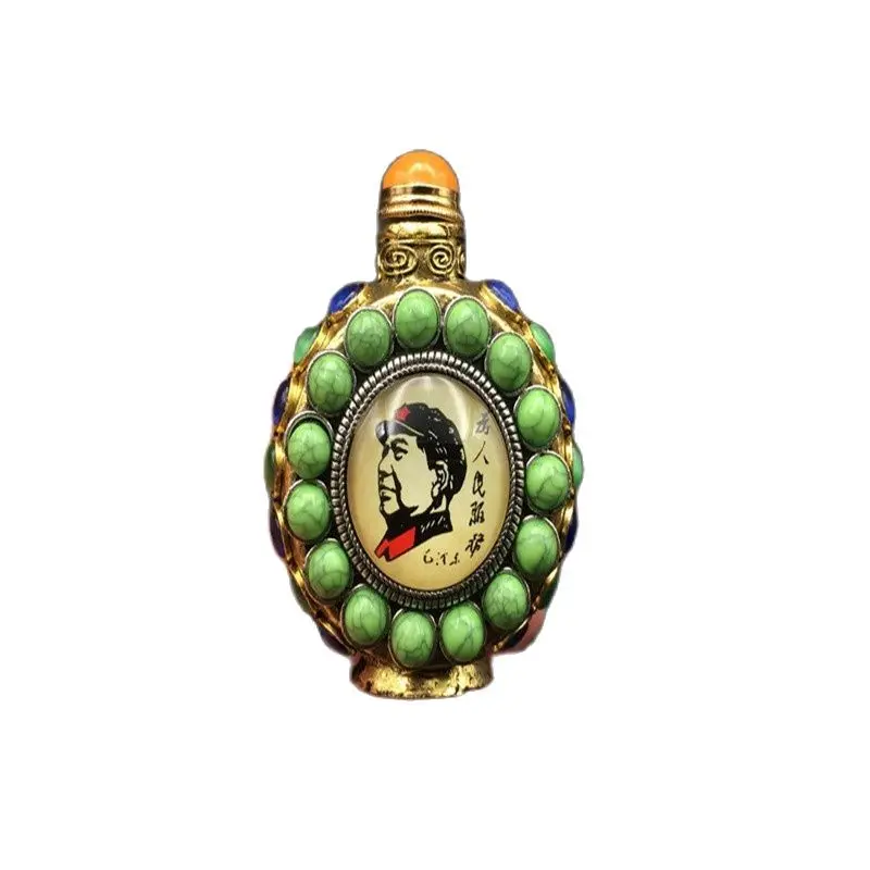 

Pure hand carved snuff bottle, copper inlaid turquoise, Tibet collection