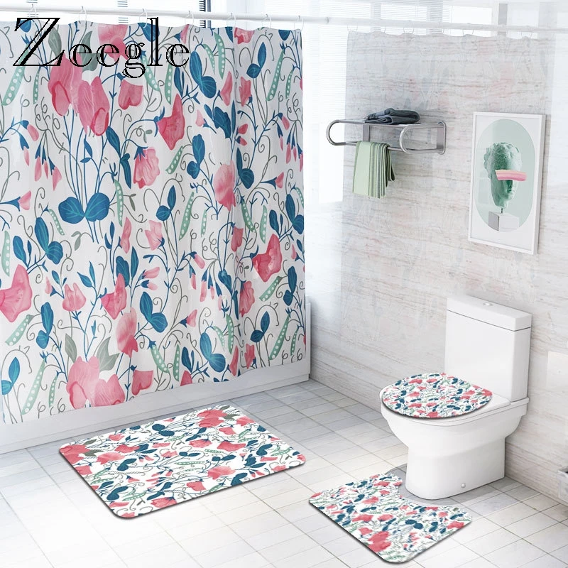 Zeegle Bath Mat Set Shower Curtain Modern Printed Toilet Cover Seat Mat Absorbent Toilet Pedestal Rug Anti-slip Shower Mat Set