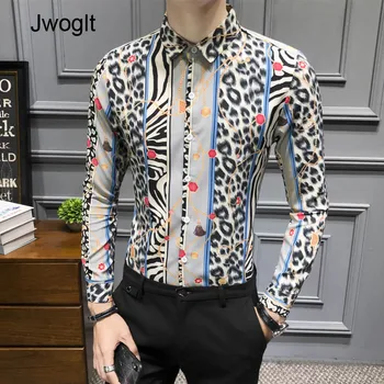 

Leopard Printed Patchwork Men Shirt Long-Sleeved Casual Shirts For Youth Fashion Slim Fit Social Night Club Camisas Masculina