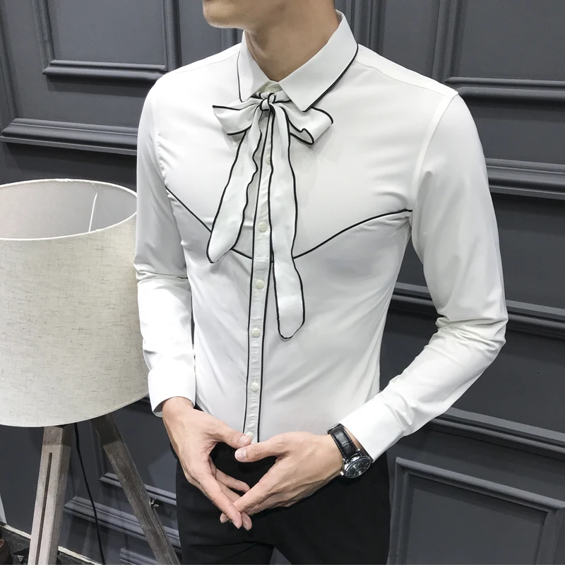 Мужские рубашки с рюшами и галстуком-бабочкой, Облегающая рубашка для мужчин, контрастная черная, белая, зеленая, Camisa Social Slim Manga Longa, вечерние, свадебные рубашки