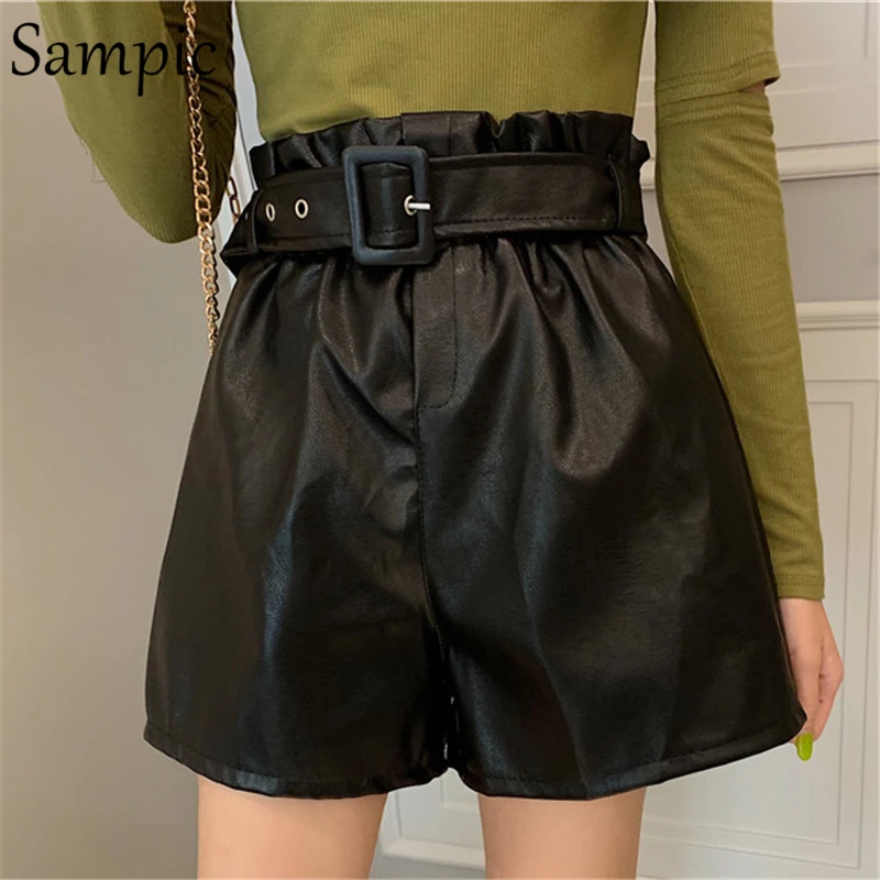 Sampic womem повседневные шорты из искусственной кожи женские новые корейские свободные эластичные шорты с высокой талией на зиму и осень