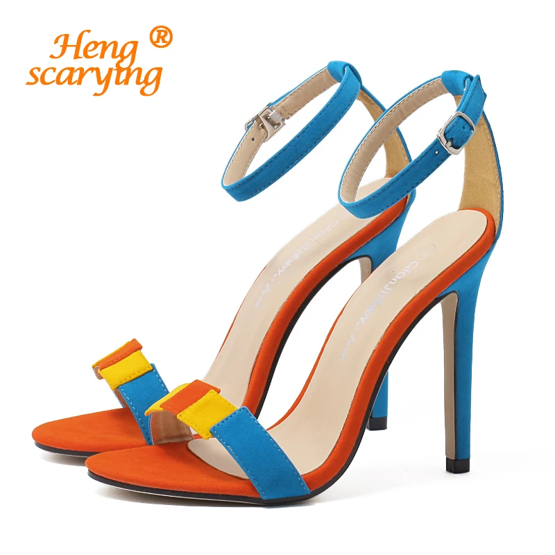 

2019 Women Summer 11.5cm High Heels Stiletto Sandals Lady Fashion Rome Sexy Pumps Female Colorful Scarpins Ankle Strap Shoes