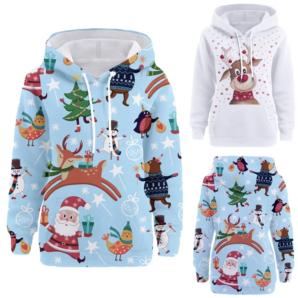  Women Printed Hoody Christmas Sweatshirt Pullover Long Sleeve Hooded Tops Outwear Santa Claus trees