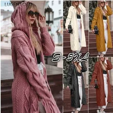 Lugentolo свитер вязаный кардиган женский однотонный длинный рукав с капюшоном длинный абзац осень и зима 5 цветов размера плюс 5XL