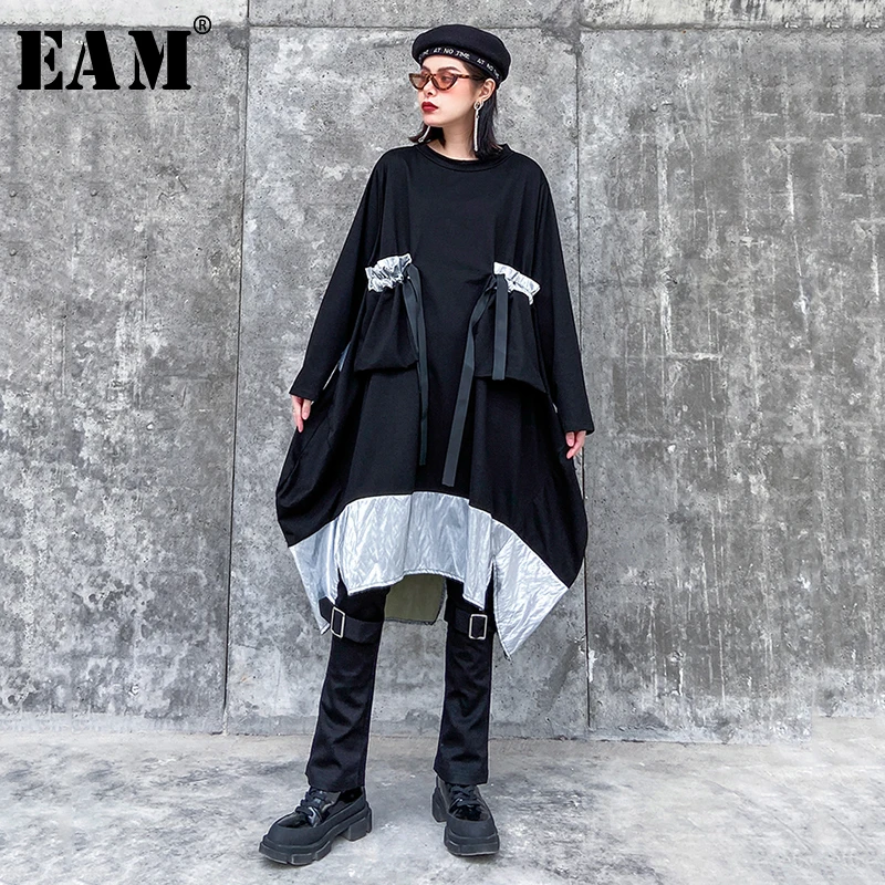 

[EAM] Women Contrast Color Asymmetrical Big Size Dress New Round Neck Long Sleeve Loose Fit Fashion Spring Autumn 2020 1R475