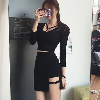 

autumn winter women set sexy long sleeve Sexy crop top high waist stretch Skirt 2 pcs Streetwear Punk Korean Clothes Harajuku