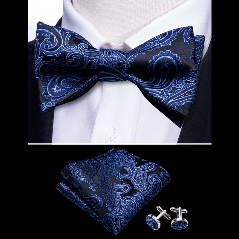 

Navy Butterfly Men Ties Self Bow Ties For Men Silk Blue Black Paisley Cufflinks Suit Collar Removable Necktie Barry.Wang LH-1007