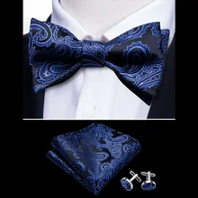 Navy Butterfly Men Ties Self Bow Ties For Men Silk Blue Black Paisley Cufflinks Suit Collar Removable Necktie Barry.Wang LH-1007