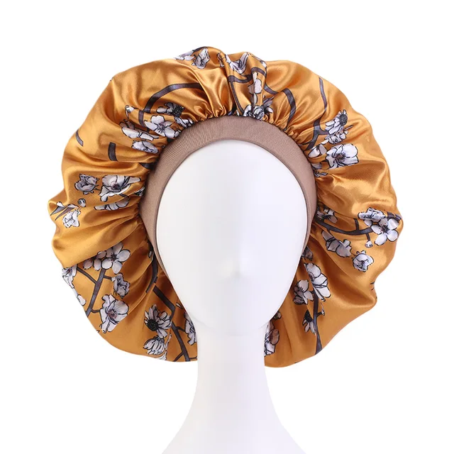 New Women Big Size Beauty print Satin Silky Bonnet Sleep Night Cap Head Cover Bonnet Hat for For Curly Springy Hair Black 408D Gold
