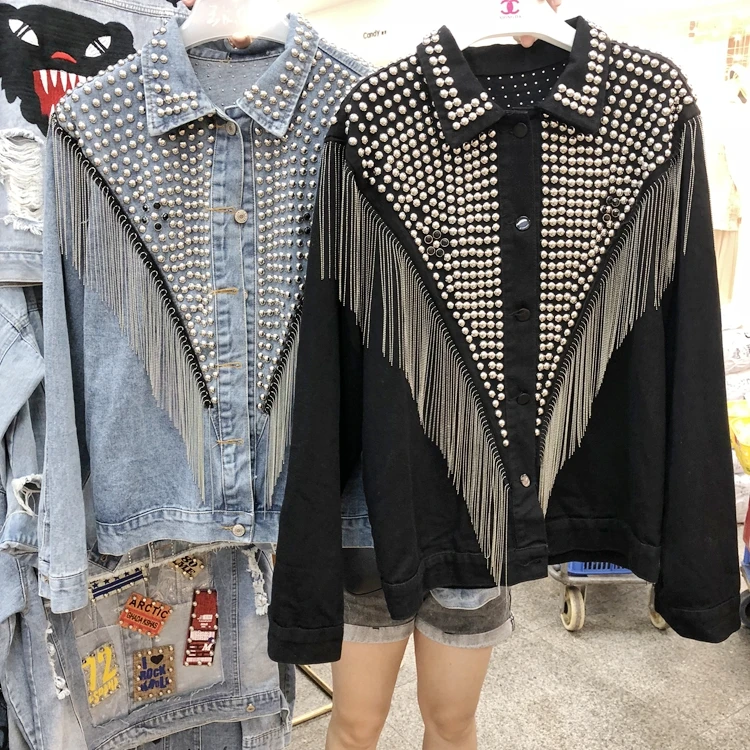 

Autumn New Woman Jacket Denim Coat Women's Loose Heavy Hand Bead Studded Rivet Chain Tassel Jackets Harajuku Jeans Coat Femme