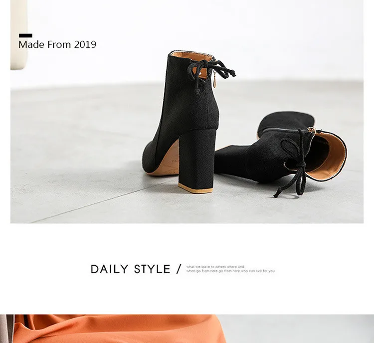 Hot Sale Women Boots Autumn Winter Flock Ankle Boots Female Square High Heels Shoes Woman Zipper Botas Zapatos Mujer