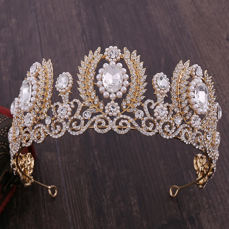 Large European Baroque Pearl Crystal Bride Tiara Rhinestone Queen Pageant Crown Vintage Wedding Hair Ornaments For Women | Украшения и