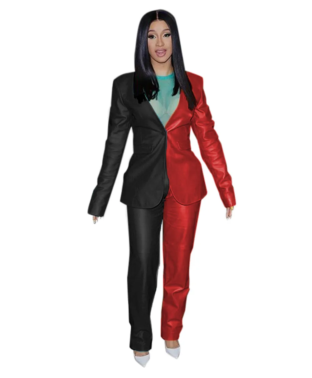 Echoine Autumn Patchwork women suits PU Elegant blazer set Casual OL Business Office Ladies suits Two Piece Set Matching Set