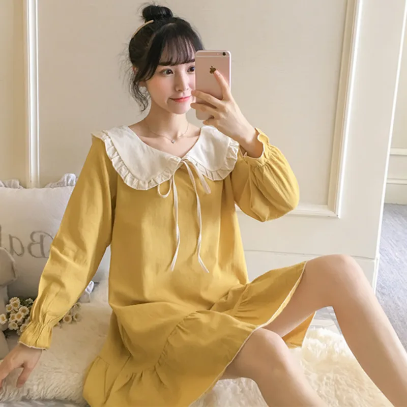 

Spring And Autumn Tatting Pure Cotton Pajamas Girl'S Sweet Long Sleeve Nightgown Korean-style Lace-Outer Wear Princess Style Hom