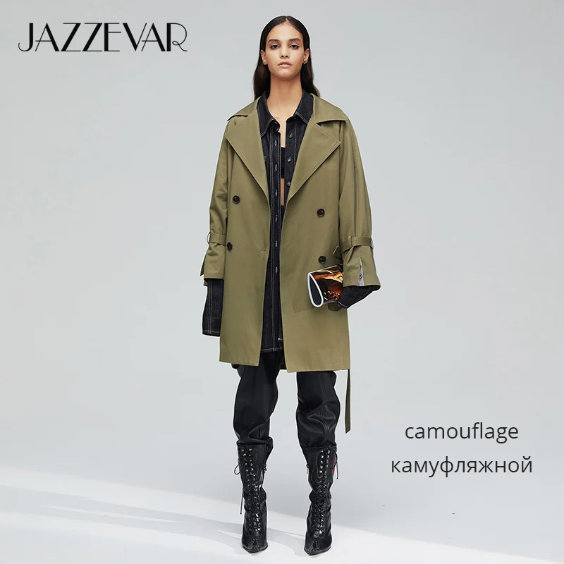 JAZZEVAR Новое поступление осенний плащ хаки пальто женское двубортное винтажное свободное пальто женские топы и блузки длинный плащи женские осенние 9008-1 - Цвет: Green LTS02