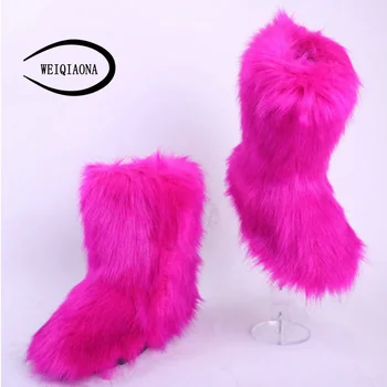 

Sock Woman 2019 Faux Fox Fur Snow Boots Women Warm Shoes Female short Boots Women Platform Botas Mujer White / Black Shoe