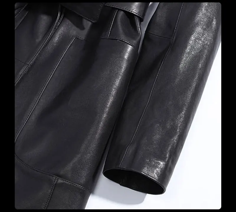 Novmoop Office lady slim black khika sheepskin genuine leather jacket women coat with big pocket sashes chaqueta muje LT2821