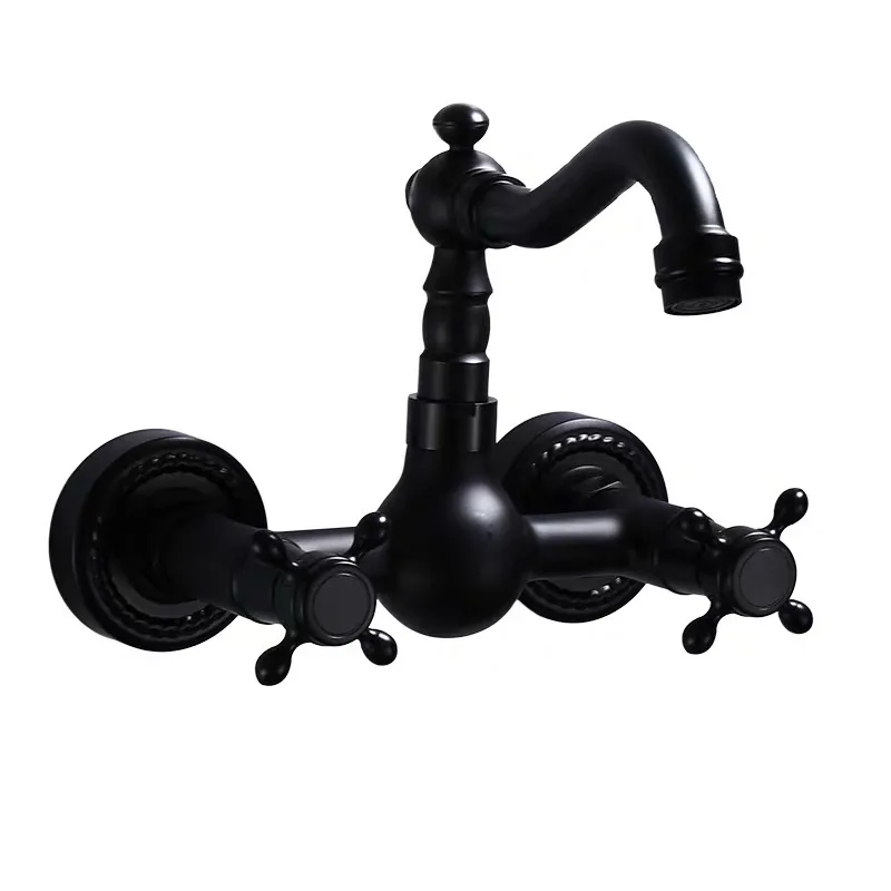 

European style black carved bathtub faucets full brass wall mounted Hot And Cold Mixer Water Tap dual handles