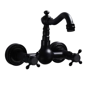 

European style black carved bathtub faucets full brass wall mounted Hot And Cold Mixer Water Tap dual handles