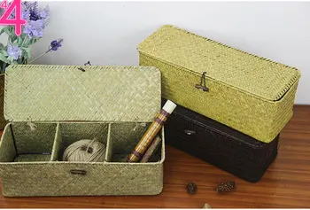

Wicker Storage Baskets Hand Woven Rectangle Tea Bags Storage Box Chest Wooden Organizer Compartments Display Multi-purpos box