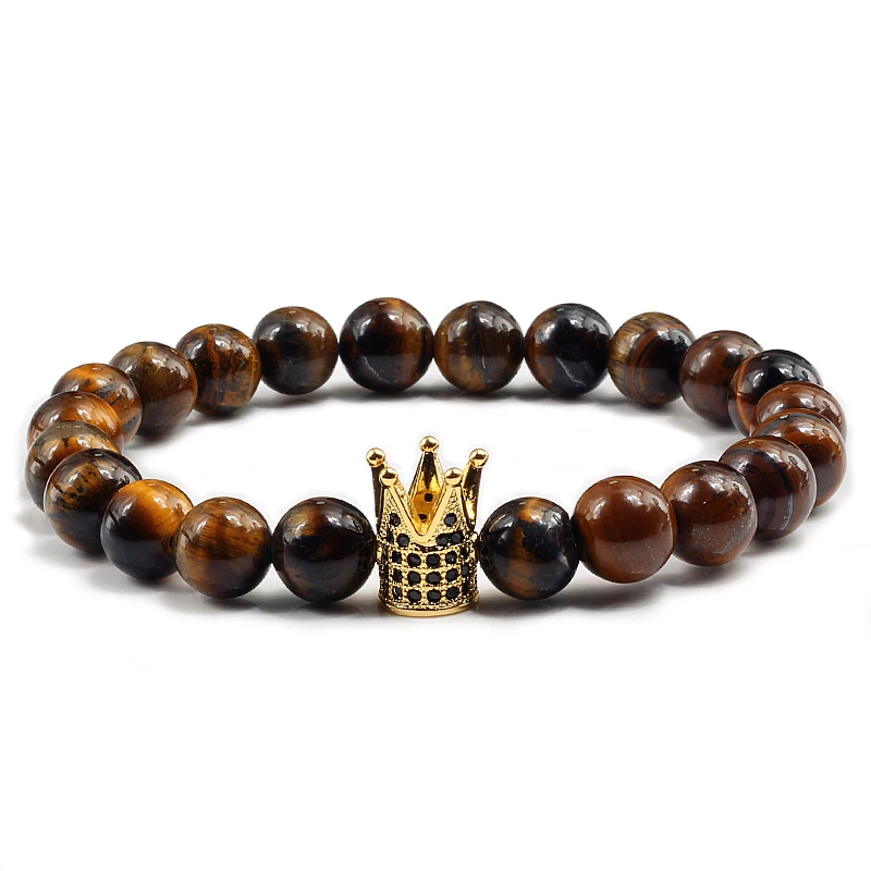 Роскошный натуральный камень лавы Pave CZ императорские браслеты с короной мужские