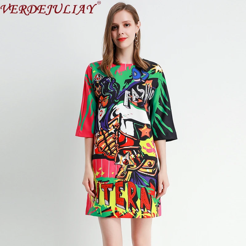 

VERDEJULIAY Runway Loose Dress 2020 Spring Autumn New Designer Contrast Color Letter Print Beading England Casual Dress