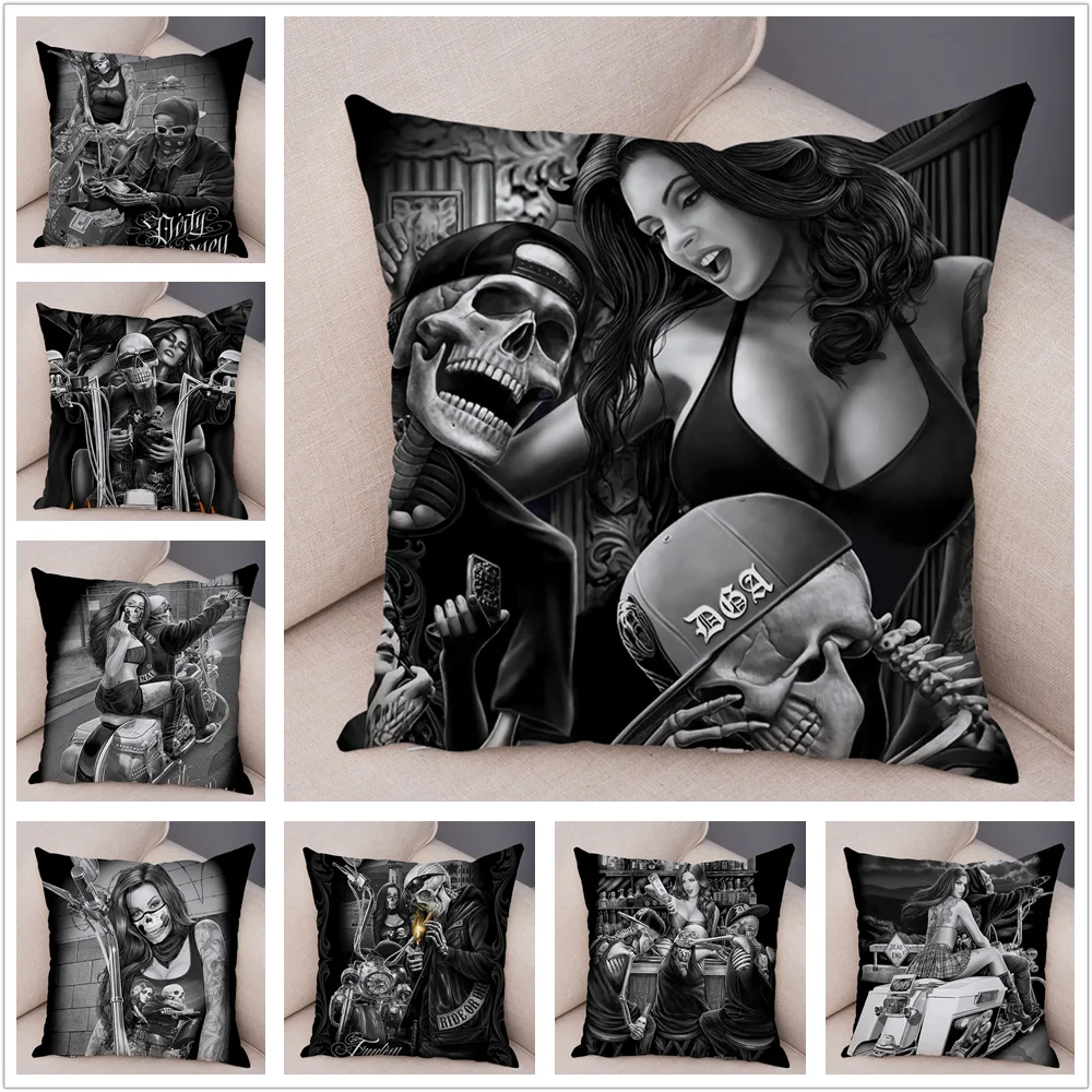 Motorcycle Skull and Sexy Girl Cushion Cover for Sofa Home Decor Cartoon Day of the Dead Pillow Case Soft Plush Pillowcase | Дом и сад