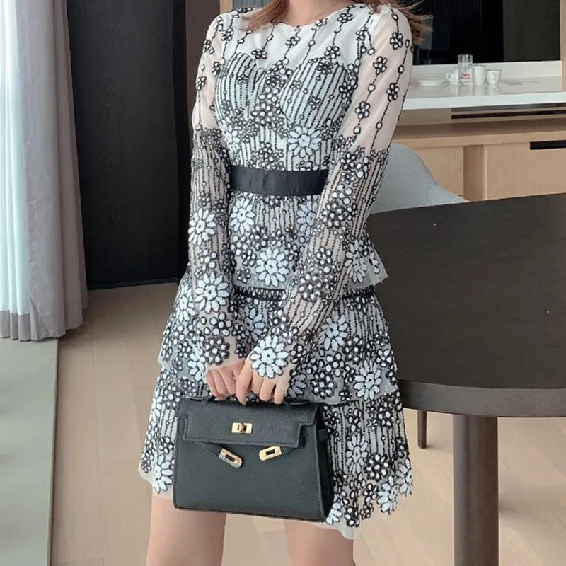Self Portrait Floral Embroidery Mesh O-Neck Long Sleeve Mini Dress Autumn Women High Waist Ruffles Layer Cake Dress